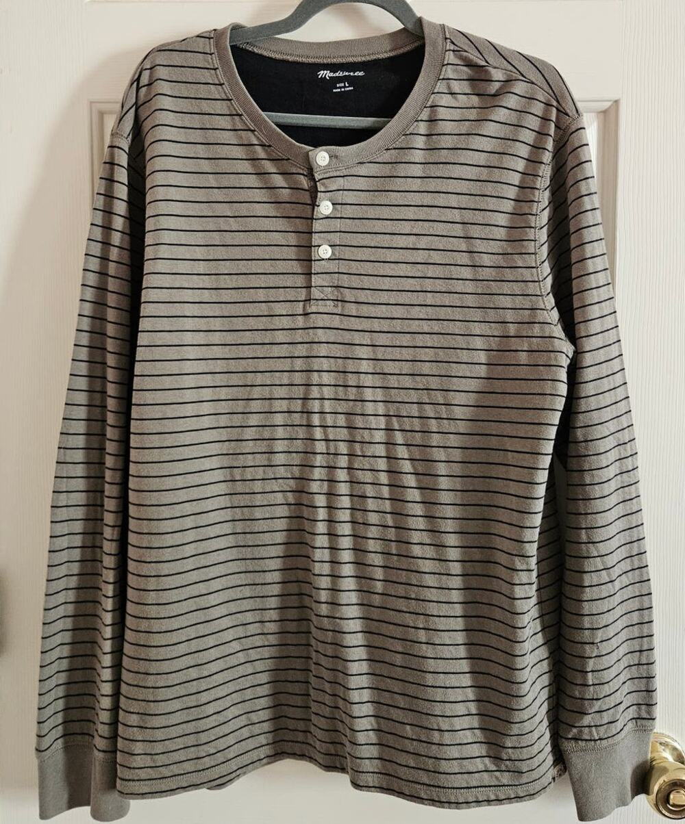 Men's Madewell Long Sleev Cuff Henley Crew Collar Shirt Size Large Green Black